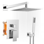 BWE 10 Inch Square Bathroom Luxury Rain Mixer Shower Combo Set Wall Mounted Rainfall Shower Head System Polished Chrome Shower Faucet Rough-in Valve Body and Trim Included