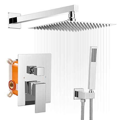 BWE 10 Inch Square Bathroom Luxury Rain Mixer Shower Combo Set Wall Mounted Rainfall Shower Head System Polished Chrome Shower Faucet Rough-in Valve Body and Trim Included