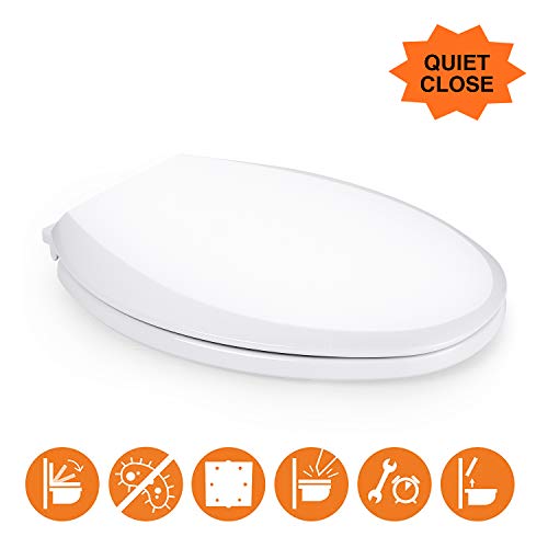 Elongated Toilet Seat, Dalmo DBTS01S Toilet Seat with Non-Slip Seat Bumpers, Slow-Close Elongated White Toilet Seat with Metal Screw Bolts Easy to Install & Clean, No Slam Toilet Seat, White