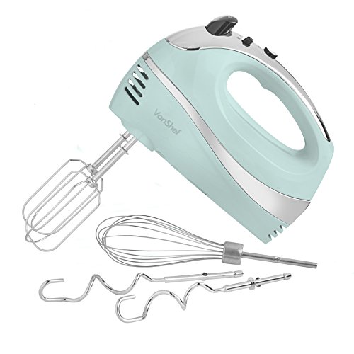 VonShef BLUE 250W Hand Mixer Whisk With Chrome Beater, Dough Hook, 5 Speed and Turbo Button + Balloon Whisk