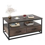 HOMECHO Industrial Coffee Table 43”, Wood and Metal Cocktail Table with Storage Shelf and 2 Drawers for Living Room, Rustic Brown