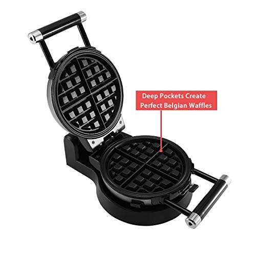 Health and Home 360 ​​Rotating Belgian Waffle Maker with Removable Non-Stick Plates Black KS-308 2 Year Warranty Silver