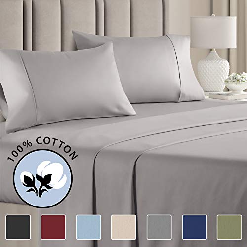 100% Cotton King Sheets Light Grey (4pc) Silky Smooth, Cooling 400 Thread Count Long Staple Combed Cotton King Sheet Set – 400TC High Thread Count King Sheets - King Bed Sheets All Cotton 100% Cotton
