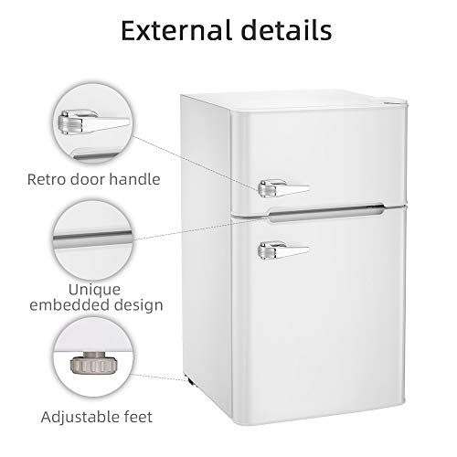 Joy Pebble Compact Double Door Refrigerator and Freezer Pleasure Pebble Compact Double Door Fridge and Freezer, 3.2 cu.ft Freestanding mini Fridge Appropriate for Workplace, Dorm or House with Adjustable Detachable Glass Cabinets (white).