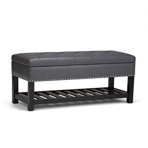 Simpli Home Lomond 43 inch Wide Traditional Rectangle Storage Ottoman Bench in Stone Grey Faux Leather