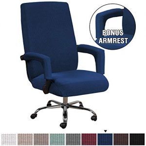 H.VERSAILTEX Computer Office High Back Large Chair Covers Stretchable Jacquard Polyester Washable Rotating Chair Slipcovers with Armrest Covers, Machine Washable/Non Skid Slipcover(Large,Navy)