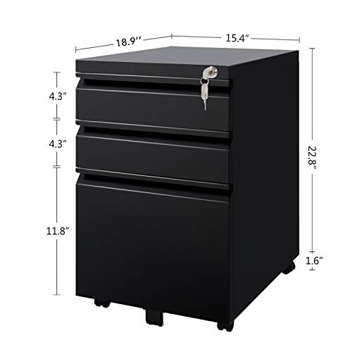 DEVAISE 3 Drawer Mobile File Cabinet with Lock DEVAISE 3 Drawer Mobile File Cabinet with Lock, Metal Filing Cabinet Legal/Letter Size, Fully Assembled Except Wheels, Black.