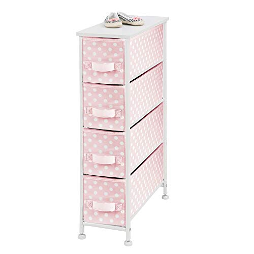 mDesign Narrow Vertical Dresser Drawers - Sturdy Steel Frame mDesign Slim Vertical Dresser Drawers - Sturdy Metal Body, Wooden High, four Straightforward Pull Cloth Bins - Organizer Unit for Youngster/Youngsters Room or Nursery - Polka Dot Sample - Pink with White Dots.