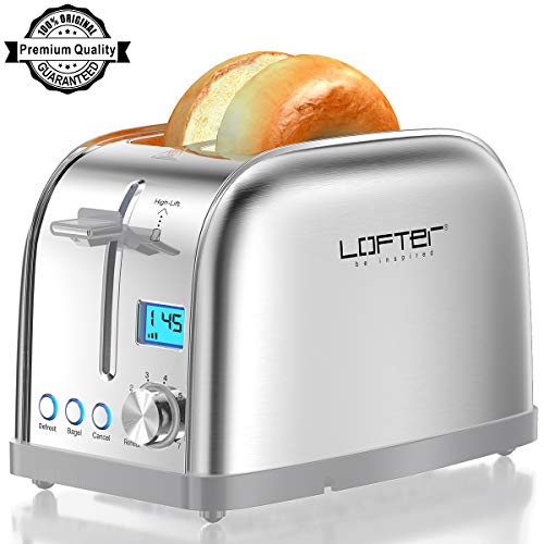 2 Slice Toaster, LOFTer Prime Rated Bagel Toasters with LCD Display, Full Stainless Steel Body Toaster with 7 Bread Settings, Bagel/Defrost/Reheat/Cancel Function, 1.6" Wide Slots, Removable Crumb Tray, 900W, Silver