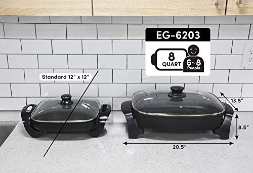 Elite Platinum Non-stick Deep Dish Heavy Duty Electric Skillet Elite Platinum EG-6203 Non-stick Deep Dish Heavy Responsibility Electrical Skillet with Tempered Glass Vented Lid and Straightforward-Pour Spout, Dishwasher Protected, 1500W, 16” x 13” x 3.15” - Eight quart, Black.