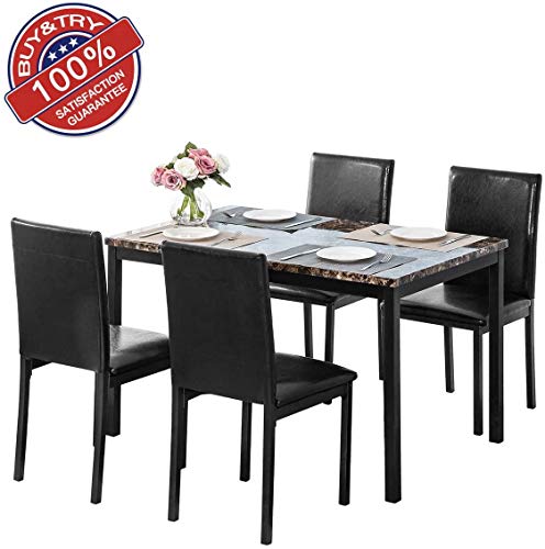 DKLGG 5-Piece Kitchen Table Set, 4 Chairs Home Furniture Dinette Set, Ideal for Family Gathering and Evening, Kitchen, (Leather/Wood/Metal) (Black)