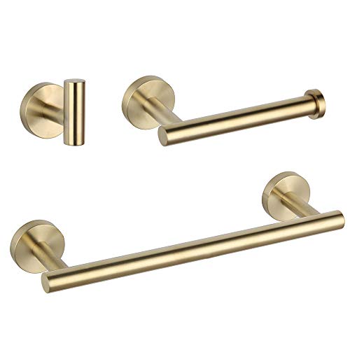 Bathroom Brushed Gold 3-Piece Accessories Set SUS304 Stainless Steel Bath Shower (Robe Hook, Toilet Paper Holder, 12" Hand Towel Bar) Contemporary Style