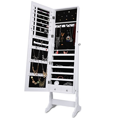 LANGRIA Mirrored Jewelry Cabinet Organizer, Full Length Standing Jewelry Storage Armoire with 2 Drawers and 3 Adjustable Angle, White Finish