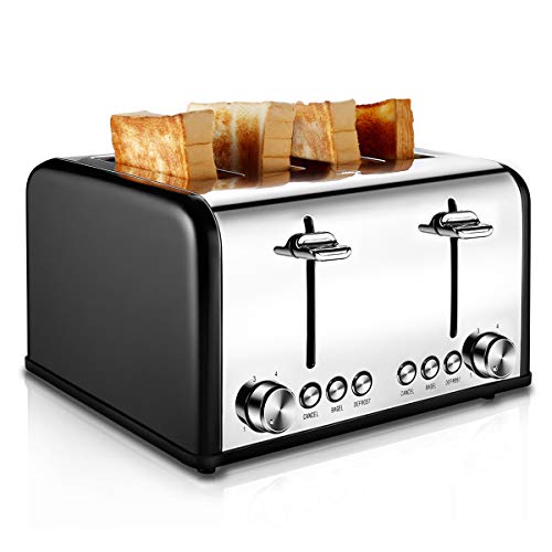 Toaster 4 Slice, CUSIBOX Stainless Steel Toaster with Bagel, Defrost, Cancel Function, Extra Wide Slots, 6 Bread Shade Settings, 1650W, Black