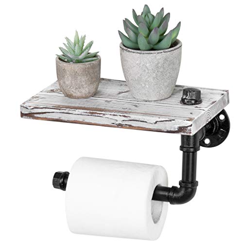MyGift Wall-Mounted Pipe Design Toilet Paper Holder with Whitewashed Wood Shelf