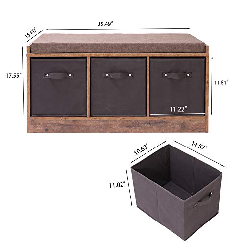 IWELL Rustic Storage Bench with 3 Removable Drawers IWELL Rustic Storage Bench with 3 Removable Drawers, Entryway Bench Storage Bench with Removable Cushion, Perfect for Under Window, Hallway, mudroom, Living Room HXD001F-.