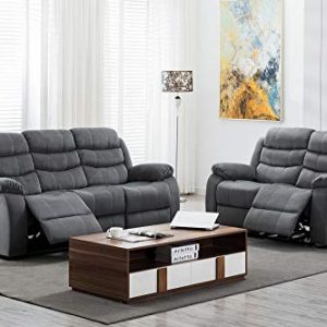 Kingway Modern Fabric 3pcs Reclining Set for Living Rooms Upholstered Manual Motion Couches Sofas, 3+2 SEAT, Gray