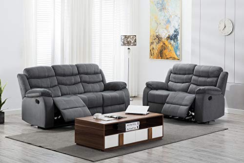 Kingway Modern Fabric 3pcs Reclining Set for Living Rooms Upholstered Manual Motion Couches Sofas, 3+2 SEAT, Gray