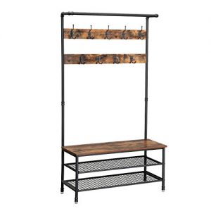 VASAGLE Industrial Coat Rack Storage Bench, Pipe Style Hall Tree with 9 Hooks, Multifunctional Sturdy Iron Frame Large Size