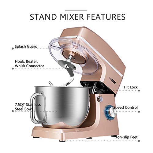 VIVOHOME 7.5 Quart Stand Mixer, 660W 6-Speed Tilt-Head Kitchen Electric VIVOHOME 7.5 Quart Stand Mixer, 660W 6-Speed Tilt-Head Kitchen Electric Food Mixer with Beater, Dough Hook and Wire Whip, ETL Listed, Champagne.