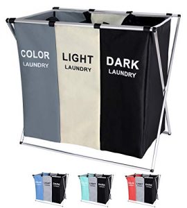 BRIGHTSHOW 135L Laundry Cloth Hamper Sorter Basket Bin Foldable 3 Sections with Aluminum Frame 62cm × 37cm x 58cm Washing Storage Dirty Clothes Bag for Bathroom Bedroom Home (White+Grey+Black)