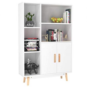 Homfa Floor Storage Cabinet, Free Standing Wooden Display Bookcase with Double Doors, 2 Shelves, 3 Cubes and 4 Legs, Side Cabinet Decor Furniture for Home Office, White