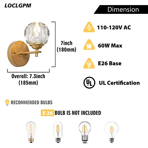 Loclgpm Modern Gold Crystal Wall Sconce, 1 Light Wall Light Fixture Loclgpm Fashionable Gold Crystal Wall Sconce, 1 Mild Wall Mild Fixture with Polished Clear Glass Shade, Hardwired Wall Lamp for Bed room, Dwelling Room, Hallway, Bedside, Rest room, Resort Indoor Decor.