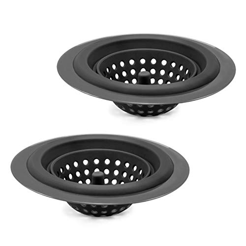 Country Kitchen Set of 2 Sink Strainers, Flexible Silicone Good Grip Kitchen Sink Drainers, Traps Food Debris and Prevents Clogs, Large Wide 4.5’ Diameter Rim – Pink and Gun Metal (Black)