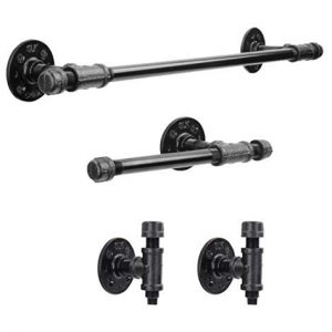 Rustic Pipe Decor 4 Piece Bathware Fixture Set, Wall Mount Kit Includes 18 Inch Towel Bar Rack, Two Robe Hooks and Toilet Paper Holder, Industrial Vintage Farmhouse DIY Bathroom Hardware, Black Pipes