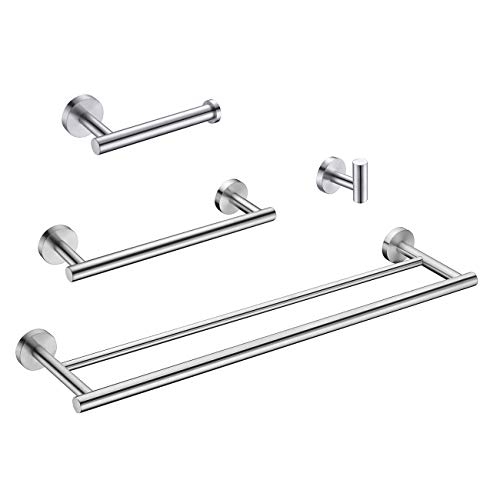 KLXHOME Bathroom Accessories Set 4-Piece Bath Hardware Kit Brushed Stainless Steel Wall Mount - Includes Double Towel Bar, Hand Towel Rack, Toilet Paper Holder, Robe Hook, BS01N4