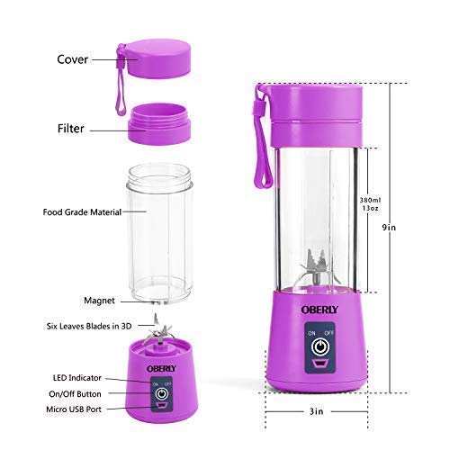 Portable Blender, OBERLY Smoothie Juicer Cup - Six Blades in 3D Transportable Blender, OBERLY Smoothie Juicer Cup - Six Blades in 3D, 13ouncesFruit Mixing Machine with 2000mAh USB Rechargeable Batteries, Ice Tray, Removable Cup (FDA, BPA Free).