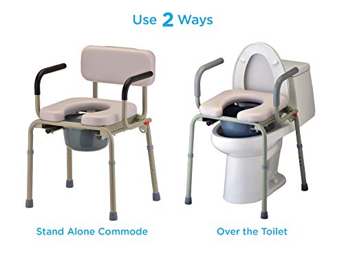 NOVA Medical Products Drop Arm Commode with Padded Seat and Back NOVA Medical Products Drop Arm Commode with Padded Seat and Back, Drop Down Arms for Easy Transfer, Stand Alone Bed Side Commode and Over The Toilet Commode, Comes with Bucket, Lid and Slash Guard.