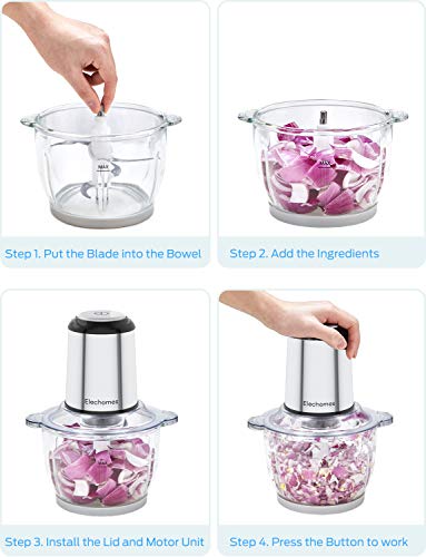 Electric Food Chopper and Meat Processor, Elechomes High Capacity Electrical Meals Chopper &amp; Meat Processor, Elechomes Excessive Capability 8-Cup BPA-Free Glass Bowl Blender Grinders for Onion Nuts, Clear Meals Processing, four Removable Twin Layer S-Blades with Protector, Stainless Metal Physique, Free Backside Anti-Slip Mat.