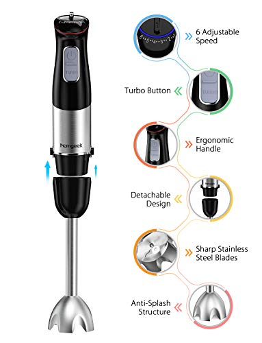 homgeek Immersion Hand Held Blender 500w 6-Speed homgeek Immersion Hand Held Blender 500w 6-Pace, Stainless Metal Emulsion Blender with Egg Beater BPA Free for Sizzling Soup Sauces Juices Smoothies Puree Toddler Meals Black.