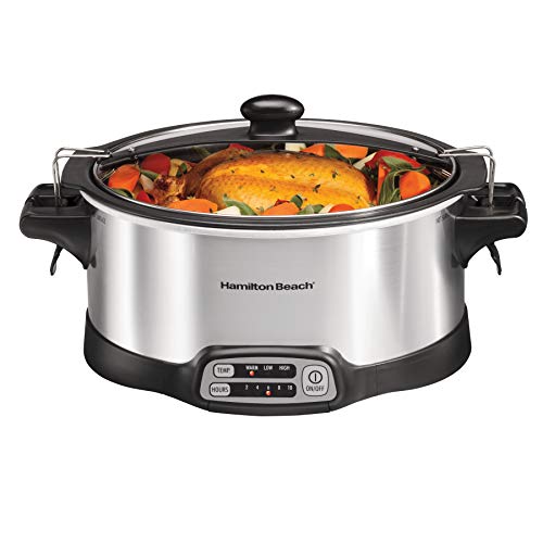 Hamilton Beach Programmable Slow Cooker, Stay or Go Stovetop Sear & Cook, 6 Quart, Lid Lock, Silver (33663)
