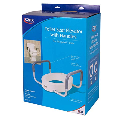 Carex 3.5 Inch Raised Toilet Seat with Arms - For Elongated Toilets Carex 3.5 Inch Raised Toilet Seat with Arms - For Elongated Toilets - Elevated Toilet Riser with Removable Padded Handles, Easy On and Off, Support 250 lbs.