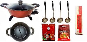 Deluxe 4-Liter Hot Pot Starter Kit with Non-stick Divided Pot for Asian Hot Pot, Mongolian Hot Pot, Japanese Shabu-Shabu. Includes Hot Pot, Strainers, Chopsticks & Seasoning Packets