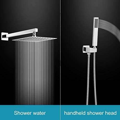 BWE 10 Inch Square Bathroom Luxury Rain Mixer Shower Combo Set BWE 10 Inch Sq. Lavatory Luxurious Rain Mixer Bathe Combo Set Wall Mounted Rainfall Bathe Head System Polished Chrome Bathe Faucet Tough-in Valve Physique and Trim Included.