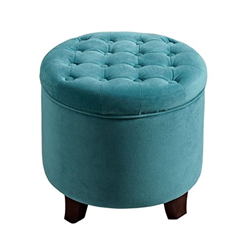 HomePop Velvet Button Tufted Round Storage Ottoman with Removable Lid, Teal
