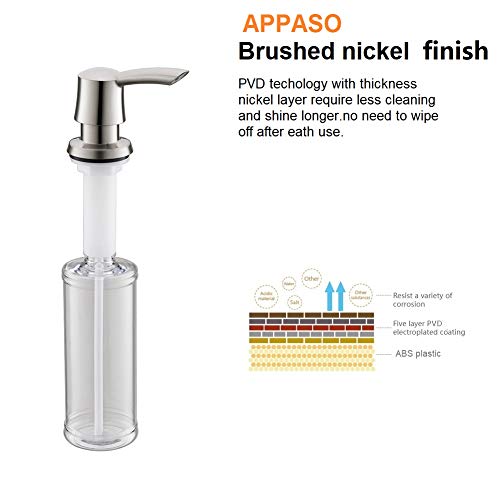 Brushed Nickel Kitchen Soap Dispenser - Stylish, Eco-Friendly, and Low Maintenance Upgrade your kitchen with the APPASO 17-Ounce Kitchen Dish Soap Dispenser in elegant brushed nickel, and experience the perfect blend of style and sustainability. Here's why you should consider adding this soap dispenser to your kitchen: Effortless Cleaning: Say goodbye to constant cleaning. This soap dispenser features PVD brushed nickel finish technology with a thickness of over 10.0µ, far superior to the usual 5.0µm. This technology resists water spots, fading, and fingerprints, keeping your dispenser looking like new for longer. Enjoy a sparkling and low-maintenance kitchen. Eco-Friendly Choice: APPASO is committed to sustainability, and this soap dispenser is a testament to that commitment. By choosing this cost-effective liquid soap dispenser, you contribute to reducing plastic waste. It eliminates the need for single-use plastic bottles, saving approximately 75% of plastic waste from polluting the environment. Make an eco-conscious choice that benefits both the Earth and your wallet. Large Capacity: With a generous 17-ounce (480ml) bottle capacity, this soap dispenser ensures you have an ample supply of soap at your fingertips. Refill less often and enjoy the convenience of a larger volume, perfect for busy kitchens.  