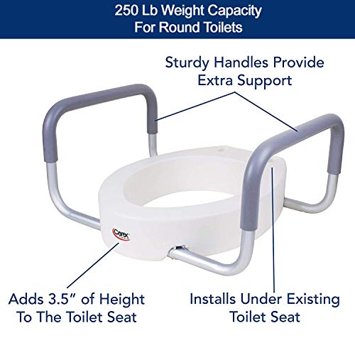 Carex 3.5 Inch Raised Toilet Seat with Arms - For Round Toilets Carex 3.5 Inch Raised Toilet Seat with Arms - For Round Toilets - Elevated Toilet Riser with Removable Padded Handles, Easy On and Off, Support 250 lbs.
