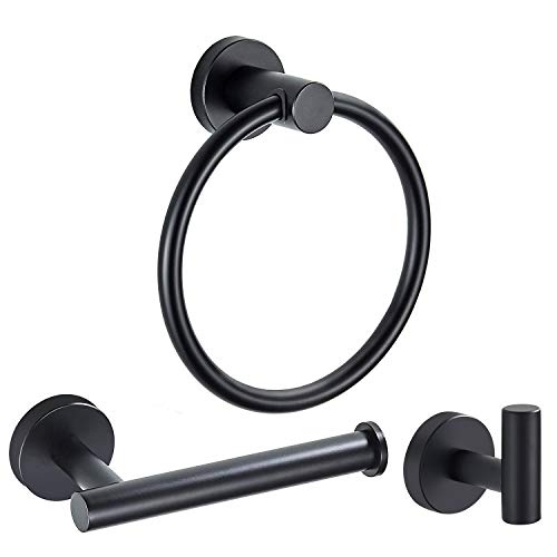 Marmolux Acc Bathroom Hardware Accessories Set Matte Black 3-Piece Set Includes Hand Towel Ring, Robe Hook, Toilet Paper Holder Heavy Duty Stainless Steel Wall Mount Paper Towel Holder Hanger