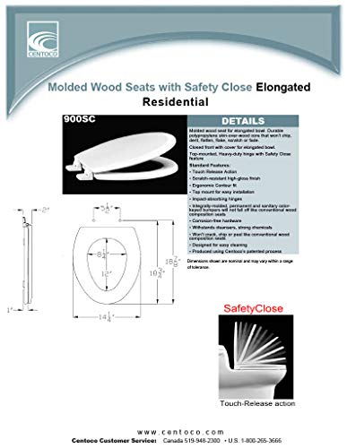 Centoco Elongated Wooden Toilet Seat Featuring Safety Close Centoco 900SC-001 Elongated Wooden Toilet Seat Featuring Safety Close, Heavy Duty Molded Wood with Centocore Technology, White.
