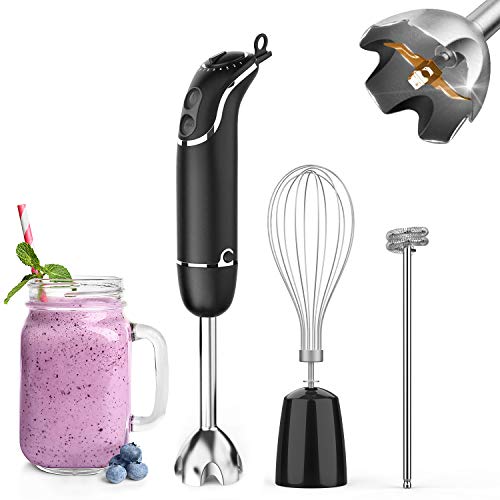 KOIOS 800-Watt/ 12-Speed Immersion Hand Blender(Titanium Reinforced), Turbo for Finer Results, 3-in-1 Set Includes BPA-Free Food Chopper / Egg Beater /Milk Frother Ergonomic Grip, Detachable