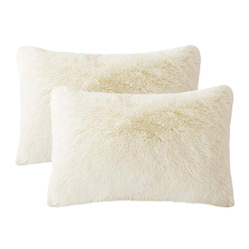 LIFEREVO 2 Pack Shaggy Plush Faux Fur Pillow Shams Fluffy Decorative Pillowcases Zipper Closure (Light Beige, King)