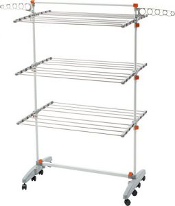 idee BDP-V23 Foldable Rolling 3-tier Clothes Laundry Drying Rack with with Stainless Steel Hanging Rods, Collapsible Shelves and Base for Easy Storage, Made-in-Korea, Premium Size, Orange
