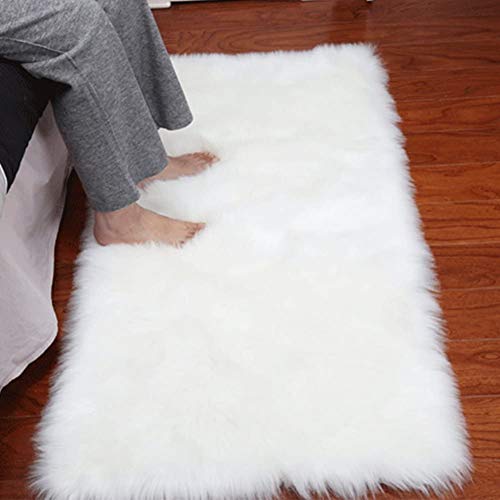 Dikoaina Classic Soft Faux Sheepskin Chair Cover Couch Stool Seat Shaggy Area Rugs for Bedroom Sofa Floor Fur Rug,White,2ftx3ft
