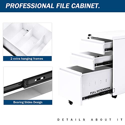 White Mobile 3 Drawer Filing Cabinet 26 Inch Locking Rolling File Cabinet White Mobile 3 Drawer Filing Cabinet 26 Inch Locking Rolling File Cabinet with 5 Wheels Pedestal Filing Cabinet for Office Home Metal White A.