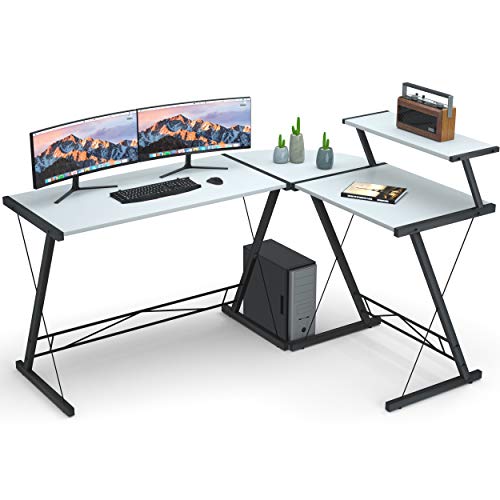 L Shaped Desk Home Office Desk with Round Corner.Coleshome Computer Desk with Large Monitor Stand,PC Table Workstation, White