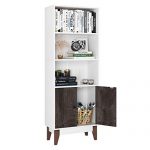 Homfa 4 Tier Bookcase Storage Cabinet, 64.2 in Height Wooden Bookshelf with 2 Doors and 3 Shelves, Free Standing Floor Side Display Cabinet Decor Furniture for Home Office, White and Wood Grain